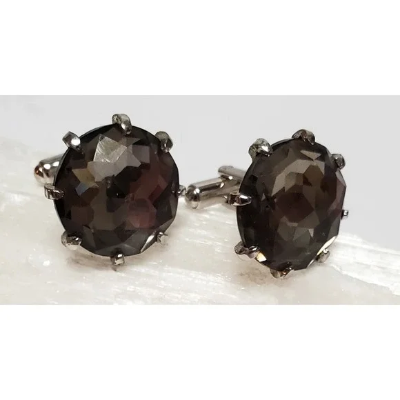 VTG Cuff Links Smoky Gray Crystal Stones Prong Set Faceted Shiny .75" Size Round - Picture 3 of 10